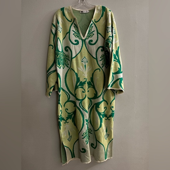 Jacquard Knit Boho Floral Hippie Tunic Dress Oversized Green TikTok Kaftan L-XL - Picture 2 of 16